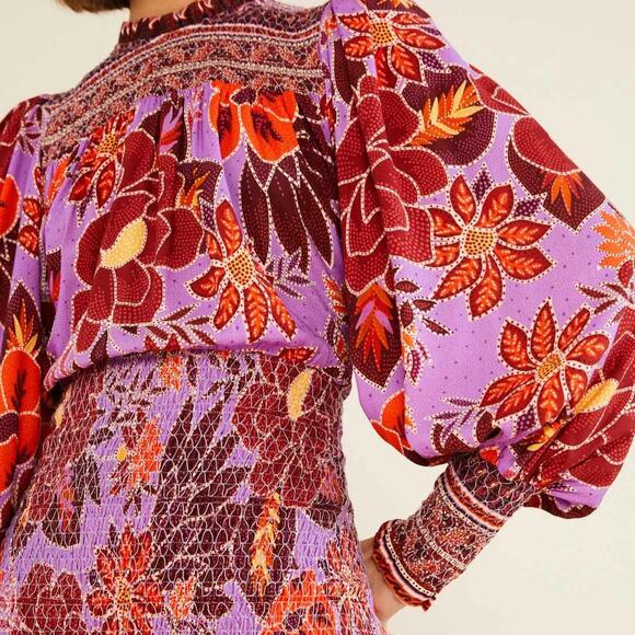 Farm Rio Dress Womens Large Purple Sweet Floral Mini Smocked Puff Sleeve‎ Boho - Picture 3 of 15